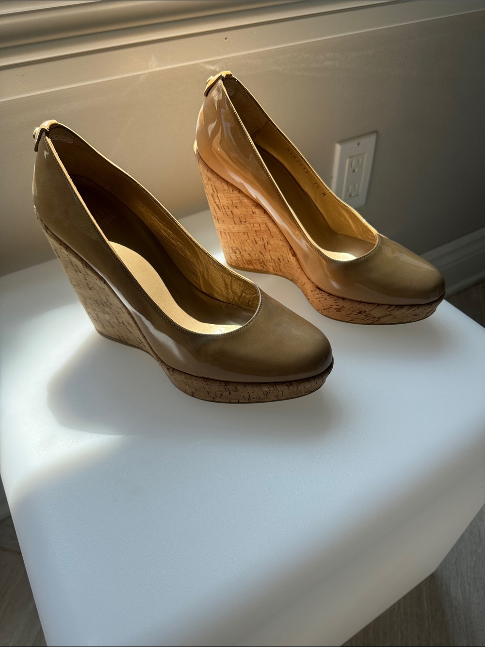 Stuart Weitzman Beige Patent Cork Wedge Pumps